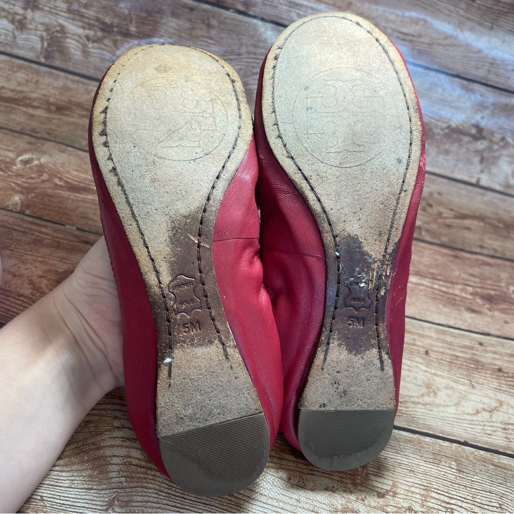 Tory Burch Caroline 2 Cabernet Leather Ballet Flats Gold Logo Women's Size 5 m - Picture 8 of 10